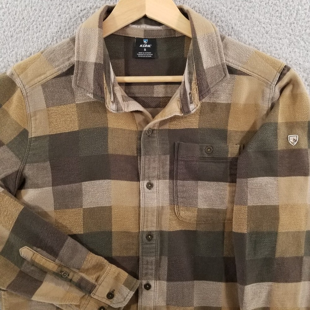Kuhl Shirt Small Brown Green Pixelatr Flannel Outdoor Hiking Plaid Performance